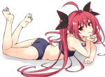  1girl ahoge bikini black_bikini candy date_a_live flat_chest food itsuka_kotori lying moeki_yuuta on_stomach red_eyes red_hair shadow solo swimsuit twintails v-shaped_eyebrows 