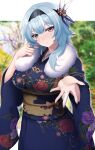  1girl absurdres alternate_costume blue_hair blue_kimono blurry blurry_background blush breasts commentary_request cowboy_shot eula_(genshin_impact) floral_print genshin_impact hair_ornament head_tilt highres japanese_clothes kimono kirima_(user_danf8787) large_breasts looking_at_viewer medium_hair obi obiage obijime playing_with_own_hair reaching reaching_towards_viewer sash sidelocks solo yellow_eyes 
