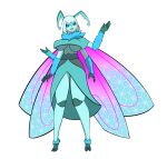  1girl arthropod_girl blue_eyes breasts bug highres insect_wings large_breasts moth moth_girl moth_wings non-web_source open_mouth smile solo thighhighs thighs wings 