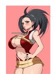  1girl artist_name bare_shoulders blush boku_no_hero_academia border breasts cleavage cleavage_cutout clothing_cutout cowboy_shot hand_on_own_hip high_ponytail highres hyper.rxgue large_breasts leotard looking_at_viewer open_mouth pink_background red_leotard solo teeth thighs upper_teeth_only white_border yaoyorozu_momo 