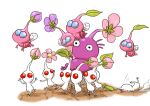  black_eyes blue_eyes bud carrying carrying_person colored_skin commentary_request flower flying insect_wings leaf no_humans no_mouth pikmin_(creature) pikmin_(series) pink_flower pink_skin plump purple_flower purple_hair purple_pikmin purple_skin red_eyes short_hair simple_background smoke solid_circle_eyes tripping very_short_hair white_background white_pikmin winged_pikmin wings yamato_koara 
