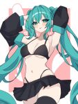  1girl :p absurdres bikini bikini_under_clothes black_bikini black_skirt black_sleeves black_thighhighs blue_eyes blue_hair blush border breasts cleavage closed_mouth coco_irasuto collarbone cowboy_shot crossed_bangs detached_sleeves dot_nose hair_between_eyes hands_in_hair hatsune_miku heart highleg highleg_bikini highres long_hair long_sleeves looking_at_viewer medium_breasts microskirt navel number_tattoo outside_border pink_background pleated_skirt raised_eyebrows skirt smile solo stomach swimsuit tattoo thighhighs thighs tongue tongue_out twintails very_long_hair vocaloid white_border 