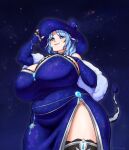  +_+ 1girl animal_ears belly blue_dress blue_eyes blue_hair breasts bridal_gauntlets cleavage covered_navel cow_ears cow_girl cow_horns cow_tail dress earrings from_below gigantic_breasts hat highres horn_ornament horns indie_virtual_youtuber jewelry miilkywayz mole mole_under_eye mole_under_mouth night night_sky plump side_slit signature sky smile solo space_print star_(sky) starry_sky starry_sky_print startums stole tail thighhighs virtual_youtuber witch_hat 
