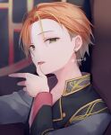  1boy blonde_hair blurry blurry_background brown_eyes depth_of_field earrings grey_jacket hand_up jacket jewelry kuroi_(liar-player) licking licking_finger long_sleeves looking_at_viewer male_focus multicolored_hair orange_hair project_sekai round_window shinonome_akito solo streaked_hair twitter_username upper_body window 
