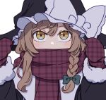  +_+ 1girl black_coat black_headwear blonde_hair bow braid coat covered_mouth fur-trimmed_coat fur_trim highres kame_(kamepan44231) kirisame_marisa mittens one-hour_drawing_challenge plaid plaid_mittens plaid_scarf red_mittens red_scarf scarf scarf_over_mouth single_braid solo touhou white_background white_bow yellow_eyes 