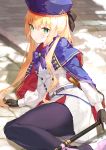  1girl artoria_pendragon_(all) artoria_pendragon_(caster) bangs belt black_gloves blonde_hair blue_belt blue_capelet blue_headwear blue_legwear blush breasts buttons cape capelet dress fate/grand_order fate_(series) gloves green_eyes highres holding holding_staff long_hair long_sleeves looking_at_viewer multicolored multicolored_cape multicolored_capelet multicolored_clothes o-ring_belt pantyhose shubee small_breasts staff striped_belt thighs twintails white_dress 