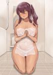  1girl absurdres bangs bare_shoulders blush bottle breasts brown_hair covered_nipples eyebrows_visible_through_hair girls_frontline hair_between_eyes hands_together highres interlocked_fingers kuro_(zhurunbo1997) large_breasts low_tied_hair naked_towel saiga-12_(girls_frontline) scrunchie see-through seiza side_ponytail sidelocks sitting solo symbol_commentary thighs tile_floor tiles towel wet wet_towel white_scrunchie yellow_eyes 