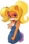  activision anthro bandicoot blonde_hair blush bodily_fluids breasts chi-iz clothed clothing coco_bandicoot crash_bandicoot_(series) eyeshadow female flat_chested green_eyes hair hi_res makeup mammal marsupial nipples overalls pink_eyeshadow ponytail simple_background solo sweat topless video_games white_background 