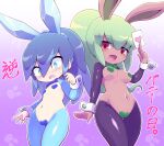  2girls animal_ears aqua_eyes blush bow bowtie breasts bunny_day bunny_mint embarrassed fubukihime green_hair heart_maebari heart_pasties high_ponytail long_hair maebari multicolored_hair multiple_girls navel nollety open_mouth pasties purple_hair rabbit_ears small_breasts two-tone_hair wrist_cuffs youkai_watch 