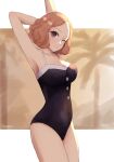  1girl armpit_crease black_one-piece_swimsuit breasts brown_eyes brown_hair commentary_request highres looking_at_viewer medium_breasts official_alternate_costume okumura_haru one-piece_swimsuit one_eye_closed palm_tree persona persona_5 persona_5_scramble:_the_phantom_strikers pppppknw short_hair smile solo stretching swimsuit tree 