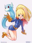  1girl :d blonde_hair blue_bodysuit bodysuit boots braid breasts clenched_hand commentary_request cosplay dragon_tamer_(pokemon) dragon_tamer_(pokemon)_(cosplay) dratini eyelashes gloves green_eyes hand_up highres kinocopro legs lillie_(pokemon) long_hair looking_at_viewer lower_teeth_only open_mouth pokemon pokemon_(creature) pokemon_sm pokemon_sv ponytail smile spread_fingers teeth tongue twitter_username watermark white_background 