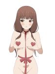  1girl absurdres blush breasts brown_eyes brown_hair coro_fae highres iino_miko kaguya-sama_wa_kokurasetai_~tensai-tachi_no_renai_zunousen~ long_hair looking_to_the_side medium_breasts open_mouth red_ribbon ribbon simple_background solo standing sweatdrop white_background 