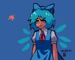  1girl blue_background blue_bow blue_dress blue_eyes blue_hair bow bowtie cirno closed_mouth collared_shirt commentary_request dated dress eyelashes frown hair_bow ice ice_wings korean_commentary looking_ahead puffy_short_sleeves puffy_sleeves red_bow red_bowtie shirt short_hair short_sleeves signature simple_background sleeveless sleeveless_dress solo star_(symbol) tan tanned_cirno touhou upper_body waiwa_way white_shirt white_sleeves wings 