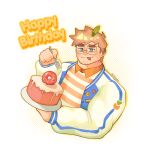  1boy :p absurdres bara borrowed_character cake cliosow cropped_torso food gift_art glasses goatee_stubble happy_birthday highres huge_eyebrows light_brown_hair male_focus muscular muscular_male oc_(yogireji) original short_hair solo tongue tongue_out 
