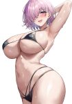  1girl absurdres alternate_costume arm_up armpits bikini black_bikini blush breasts fate/grand_order fate_(series) hair_over_one_eye highres jasony large_breasts mash_kyrielight one_eye_covered open_mouth paid_reward_available pink_hair purple_eyes short_hair simple_background smile solo stomach swimsuit underboob white_background 
