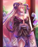  1girl absurdres bare_shoulders blush breasts cleavage curled_horns fire_emblem fire_emblem_heroes floating floating_object frilled_sleeves frills fur-trimmed_collar fur_trim goat_horns griff hair_ornament highres horns huge_breasts japanese_clothes kimono large_horns long_hair looking_at_viewer mature_female nerthuz_(fire_emblem) nerthuz_(new_year)_(fire_emblem) official_alternate_costume one_eye_closed outdoors pink_hair ponytail praying purple_eyes purple_horns smile solo torii tree very_long_hair 