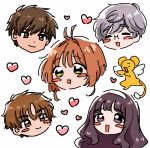  2girls blush_stickers brothers brown_hair cardcaptor_sakura daidouji_tomoyo glasses green_eyes grey_hair hanamaru_000_sa head_only heart highres kero kinomoto_sakura kinomoto_touya li_syaoran multiple_boys multiple_girls purple_hair short_hair siblings smile tsukishiro_yukito wings 