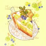  artist_name blueberry commentary english_commentary english_text floral_print food food_focus fruit fruit_background fruit_tart grapes green_background highres nao_(bestrollever) no_humans original parsley pie pie_slice plastic_wrap plate simple_background starry_background still_life tart_(food) whipped_cream 