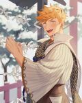  1boy blonde_hair blush day granblue_fantasy green_eyes hakama hakama_pants happy_new_year highres japanese_clothes kimono looking_at_viewer male_focus official_alternate_costume open_mouth outdoors pants short_hair smile solo translation_request vane_(granblue_fantasy) vane_(sunrise_hakama)_(granblue_fantasy) wide_sleeves 