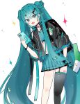  1girl :d arm_behind_back bandeau black_choker black_jacket black_thighhighs blue_bandeau blue_hair blue_skirt blush bracelet cellphone choker collared_jacket dot_nose earbuds earphones feet_out_of_frame food-themed_hair_ornament garter_straps hair_between_eyes hair_ornament hairclip hatsune_miku highres holding holding_phone jacket jewelry leaning_to_the_side long_hair long_sleeves looking_at_viewer minaduki_0318 miniskirt navel number_tattoo open_mouth phone pleated_skirt puffy_long_sleeves puffy_sleeves sidelocks simple_background single_thighhigh skirt sleeve_cuffs smartphone smile solo sparkle spring_onion_hair_ornament stomach tattoo thighhighs twintails very_long_hair vocaloid white_background x_hair_ornament 