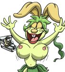 anthro big_breasts bottomwear bouncing_breasts breasts clothed clothing female green_hair hair half_naked hi_res huge_breasts lagomorph leporid lips loincloth mammal navel nipples rabbit shinragod solo topless topless_female vicky_(las_vacaciones_de_vicky) wardrobe_malfunction