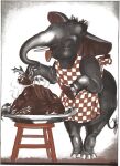 1938 20th_century absurd_res ancient_art apron apron_only clothing dessert elephant elephantid eyes_mostly_closed female flat_chested food furniture grey_body hi_res hooves jean_mcconnell leaning leaning_forward little_elephant mammal mature_female mature_semi-anthro mother_elephant_(little_elephant) narrowed_eyes official_art open_mouth plate proboscidean pudding red_eyes semi-anthro simple_background solo standing stool tail tail_tuft traditional_media_(artwork) trunk tuft white_background