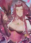  antenna_hair black_gloves black_rose_dragon breasts bustier choker cleavage dragon elbow_gloves fingerless_gloves gloves hair_intakes izayoi_sakuya jewelry large_breasts looking_at_viewer necklace parted_lips petals pink_choker red_hair shiny shiny_hair shiny_skin short_hair_with_long_locks sidelocks upper_body wenz yellow_eyes yuu-gi-ou yuu-gi-ou_5d&#039;s 