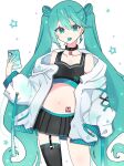  1girl bare_shoulders black_choker black_skirt black_sports_bra black_thighhighs blue_eyes blue_hair blush breasts candy cellphone choker cleavage collarbone contrapposto cowboy_shot dot_nose double_bun earclip earrings food garter_straps hair_between_eyes hair_bun hand_in_pocket hatsune_miku highres holding holding_phone hood hood_down hooded_jacket jacket jewelry legs_apart lightning_bolt_earrings lollipop long_hair long_sleeves looking_at_viewer minaduki_0318 miniskirt mouth_hold navel number_tattoo open_clothes open_jacket phone pleated_skirt puffy_sleeves simple_background single_earring single_thighhigh skirt sleeve_cuffs small_breasts smartphone solo sports_bra spring_onion star_(symbol) stomach tattoo thighhighs twintails very_long_hair vocaloid white_background white_jacket 