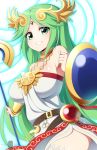  1girl bare_shoulders belt breasts circlet cowboy_shot dress green_eyes green_hair halo highres jewelry kid_icarus large_breasts long_hair looking_at_viewer palutena shield side_slit simple_background smile staff thighhighs totallyiryanic very_long_hair white_background white_dress 