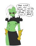 2019 alien alien_humanoid annoyed areola blush bodily_fluids bottomwear breasts clothed clothing cross-popping_vein darkeros dialogue disney english_text female gloves green_areola green_body green_nipples green_skin hair half-closed_eyes handwear hi_res humanoid humanoid_pointy_ears long_hair lord_dominator narrowed_eyes navel nipples noseless not_furry pink_sclera portrait raised_clothing raised_topwear simple_background solo speech_bubble standing sweat sweatdrop text three-quarter_portrait topwear wander_over_yonder white_background white_hair