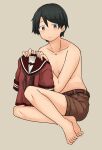  1girl barefoot belt black_eyes black_hair blush breasts chagamaka closed_mouth collarbone feet grey_background highres kantai_collection mogami_(kancolle) red_sailor_collar red_shirt sailor_collar shirt short_hair shorts simple_background sitting small_breasts solo topless unworn_shirt 