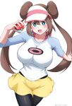  1girl :d black_pantyhose blue_eyes blush breasts brown_hair collarbone commentary_request double_bun doughnut_hair_bun hair_bun hand_up highres holding holding_poke_ball large_breasts long_hair looking_at_viewer masakin open_mouth pantyhose pantyhose_under_shorts poke_ball pokemon pokemon_bw2 raglan_sleeves rosa_(pokemon) short_shorts shorts simple_background smile solo twintails very_long_hair visor_cap white_background yellow_shorts 
