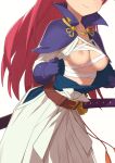  1girl asuka_(fuurai_no_shiren) belt blue_gloves breasts cleavage fuurai_no_shiren gloves head_out_of_frame highres long_hair medium_breasts morisobo nipples open_clothes open_shirt paid_reward_available red_hair sarashi simple_background skirt solo sword undone_sarashi weapon white_background white_skirt 