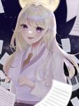  1girl :d absurdres ahoge akamatsu_kaede blonde_hair brown_necktie collared_shirt danganronpa_(series) danganronpa_v3:_killing_harmony hair_intakes hair_ornament highres instrument keyboard_(instrument) long_hair moon musical_note musical_note_hair_ornament necktie o_soba_(soba3ly) open_mouth paper pink_vest shirt smile solo star_(sky) upper_body vest white_shirt 