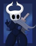 black_body breasts cloak clothing female genitals hand_behind_back hi_res hollow_knight horn humanoid nail nipples poraka7 pussy solo team_cherry the_knight_(hollow_knight) thick_thighs vessel_(species) weapon