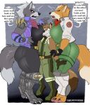 angry annoyed anthro argument bandanna big_breasts big_butt bodysuit boots breast_squish breasts butt canid canine canis claws clothing crossgender dialogue digitigrade female footwear fox fox_mccloud gloves group handwear hi_res huge_breasts jacket kerchief larger_female male male/female mammal mtf_crossgender nintendo paw_shoes paws size_difference skinsuit smaller_male squish star_fox stuck thaismotosuwa thick_thighs tight_clothing topwear trio vest wolf wolf_o&#039;donnell