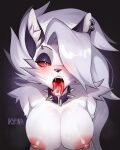 4:5 absurd_res ahegao anthro areola big_breasts blush bodily_fluids breasts canid canid_demon canine canine_demon clothed clothing collar collar_only cum cum_in_mouth cum_inside demon digital_media_(artwork) dripping drooling ear_piercing ear_ring ejaculation erect_nipples eyebrow_piercing eyeshadow facial_piercing fangs female fur furgonomics furry-specific_piercing genital_fluids grey_body grey_fur grey_hair hair hair_over_eye hellhound helluva_boss hi_res ikstina looking_at_viewer looking_pleasured loona_(helluva_boss) makeup mammal mouth_shot nipples nude one_eye_obstructed open_mouth oral_invitation piercing pink_nipples red_sclera ring_piercing saliva saliva_drip saliva_on_tongue saliva_string solo spiked_collar spikes sweat sweatdrop sweaty_breasts teeth tongue tongue_out topwear white_body white_eyes white_fur
