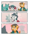 anthro blush canid canine canis clothed clothing comic domestic_dog eyebrows eyes_closed floppy_ears group hi_res infatuation male mammal papyuuno shirt smile tail tail_motion tailwag topwear