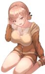  1girl black_ribbon bone_print braid breasts brown_hair brown_jacket brown_shorts brown_socks brown_sports_bra crown_braid dog_tags double_bun french_braid fur_jacket furen_e_lustario furen_e_lustario_(5th_costume) hair_bun hair_ribbon hand_on_own_head highres jacket jewelry large_breasts long_sleeves looking_at_viewer necklace nijisanji nyame_(jujs7258) open_mouth partially_unzipped red_eyes ribbon seiza short_shorts shorts simple_background single_bare_shoulder sitting smile socks solo sports_bra swept_bangs thighs virtual_youtuber white_background zipper_pull_tab 