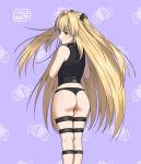 1girl :t ass bangs black_panties blonde_hair carlo_montie eyebrows_visible_through_hair floating_hair from_behind hair_intakes hair_ornament konjiki_no_yami long_hair looking_at_viewer looking_back panties purple_background red_eyes shiny shiny_hair shiny_skin solo standing thigh_strap to_love-ru twintails underwear very_long_hair 
