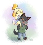  amber_eyes animal_crossing anthro blush bottomless canid canine canis clothed clothing domestic_dog duo ears_up eyes_closed female fur grey_body grey_fur hi_res isabelle_(animal_crossing) male male/female mammal nekostar nintendo pawpads paws rook_(blaze) scar simple_background smile teeth text video_games wolf yellow_body yellow_fur yellow_sclera 
