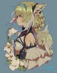  1girl animal_ears arknights bare_shoulders blonde_hair blue_background blue_hairband braided_hair_rings chinese_commentary closed_mouth clothing_cutout colored_tips commentary_request cropped_torso dated earpiece flower fox_ears fox_girl fox_tail from_side green_eyes hairband highres hua_ha_jiazi infection_monitor_(arknights) lily_of_the_valley multicolored_hair name_connection object_namesake oripathy_lesion_(arknights) short_hair shoulder_cutout signature simple_background solo suzuran_(arknights) tail two-tone_hair white_hair 