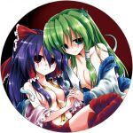  2girls bow breasts closed_mouth empty_eyes frilled_bow frilled_hair_tubes frills frog_hair_ornament green_eyes green_hair hair_bow hair_ornament hair_tubes hakurei_reimu holding_hands interlocked_fingers kochiya_sanae long_hair looking_at_viewer medium_breasts multiple_girls off_shoulder partially_undressed purple_hair red_eyes round_image single_hair_tube snake topless touhou ugatsu_matsuki very_long_hair yuri 