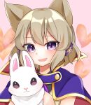  1girl animal animal_ears blush brown_hair cape earmuffs heart high_collar highres holding holding_animal looking_at_viewer open_mouth purple_eyes rabbit short_hair smile solo touhou toyosatomimi_no_miko u_amy1207 upper_body 