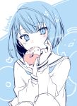  1girl blue_eyes blue_hair blue_neckerchief blue_theme blush character_name doughnut food hands_up head_tilt holding holding_food kiritani_haruka kuroi_(liar-player) long_sleeves monochrome neckerchief project_sekai puffy_long_sleeves puffy_sleeves sailor_collar shirt short_hair sketch sleeves_past_wrists solo twitter_username white_sailor_collar white_shirt 