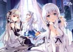  3girls all_fours apron azur_lane bangs bare_shoulders belfast_(azur_lane) between_breasts black_dress blue_eyes blush braid breasts cleavage collar collarbone day dress earrings elbow_gloves eyebrows_visible_through_hair formidable_(azur_lane) french_braid frilled_dress frills gloves grey_hair hair_ornament hair_ribbon highres illustrious_(azur_lane) indoors jewelry lace_trim large_breasts long_hair looking_at_viewer maid maid_headdress miyase_mahiro mole mole_under_eye multiple_girls official_art red_eyes ribbon silver_hair smile strapless strapless_dress thighhighs twintails two-tone_ribbon very_long_hair white_dress white_gloves white_hair white_legwear window 