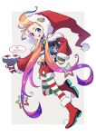  1girl :p aatrox absurdres alternate_costume blue_eyes blush candy candy_cane food from_side fur-trimmed_headwear fur-trimmed_shorts fur_trim hair_ornament hat hat_ornament heterochromia highres holding kayn_(league_of_legends) league_of_legends lol_kuno long_sleeves midriff multicolored_hair oversized_hat pantyhose pink_hair purple_eyes purple_hair red_footwear red_shorts santa_hat shorts simple_background solo speech_bubble star_(symbol) star_hair_ornament star_hat_ornament striped striped_pantyhose tongue tongue_out translation_request white_background zoe_(league_of_legends) 