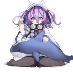  1girl absurdres animal_ear_hood azur_lane coat flasher_(azur_lane) full_body goggles goggles_around_neck hair_between_eyes highres holding_sewing_needle hood lump_saury needle purple_eyes purple_hair sewing sewing_needle simple_background sitting sketch solo stuffed_animal stuffed_shark stuffed_toy thighhighs toeless_legwear toes two_side_up wariza white_background white_coat white_hood 