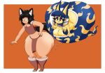 animal_crossing ankha_(animal_crossing) anthro big_butt bottomwear breasts butt clothing duo female genie girly hi_res humanoid loincloth male male/female nintendo simple_background thick_thighs user3345