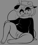 aggressykhressy anthro bedroom_eyes bottomless clothed clothing female genitals hat headgear headwear hi_res mammal monochrome mooch_(undertale_yellow) narrowed_eyes pussy rodent scarf sciurid seductive smile solo tree_squirrel undertale_yellow
